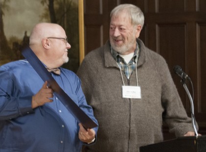 Center founder John Gruber (right) presents Blair Kooistra with the Railway & Locomotive Historical Society's Fred A. and Jane R. Stindt Photography Award. Center for Railroad Photography and Art. Photograph by Henry A. Koshollek