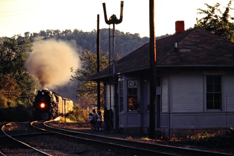Northbound Chessie Safety Express with 4-8-4 steam locomotive no. 614 on the Baltimore and Ohio Railroad in Proctor, West Virginia, on September 28, 1980. Photograph by John F. Bjorklund, © 2015, Center for Railroad Photography and Art. Bjorklund-17-27-09