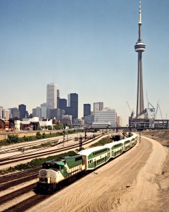 Eastbound GO Transit passenger train on the Canadian National Railway in Toronto, Ontario, on May 27, 1988. Photograph by John F. Bjorklund, © 2015, Center for Railroad Photography and Art. Bjorklund-22-24-05