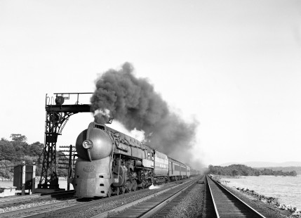 Streamlined New York Central Railroad  4-6-4 steam locomotive no. 5448 leads passenger train no. 15 near Cold Spring, New York, on June 6, 1946. Furler-12-127-01; © 2017, Center for Railroad Photography and Art