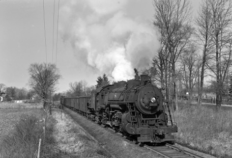 Erie Railroad 4-6-2 steam locomotive no. 2716 leading eastbound freight train no. 280 on the Piermont Branch at Nanuet, New York, on February 1, 1947. Photograph by Donald W. Furler, © 2017, Center for Railroad Photography and Art, Furler-09-010-01
