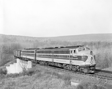 Erie Lackawanna Railroad locomotive no. 817 leads a passenger train near Mount Pocono, Pennsylvania, on November 16, 1966; Photograph by Victor Hand. Hand-EL-30-125