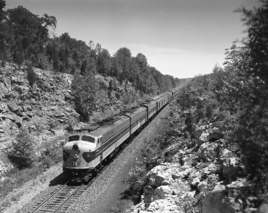 Erie Lackawanna Railroad locomotive no. 811 leads passenger train "Phoebe Snow" near Hainesburg, New Jersey, on June 26, 1965. Photograph by Victor Hand. Hand-EL-30-057.JPG