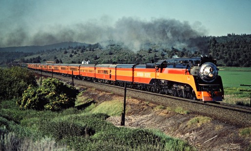 Eastbound Southern Pacific Railroad passenger train, <i>Daylight</i>, led by steam locomotive no. 4449 in Wocus, Oregon, on June 24, 1984. Photograph by John F. Bjorklund, © 2016, Center for Railroad Photography and Art. Bjorklund-86-24-15
