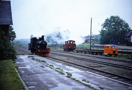 Norsholm–Västervik–Hultsfreds Järnvägar steam locomotive no. 22 waits by platform next to a track with two smaller work cars no. 3421 and no. 318 at Åseda, Kronoberg, Sweden, on June, 3, 1989. Photograph by Fred M. Springer, © 2014, Center for Railroad Photography and Art. Springer-Scan-Swiss-York-04-08