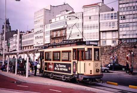 Streetcar no. 27 picks up passengers in A Coruna, Galicia, Spain, on July 7, 2001. Photograph by Fred M. Springer, © 2014, Center for Railroad Photography and Art. Springer-Spain-BNSF-04-03