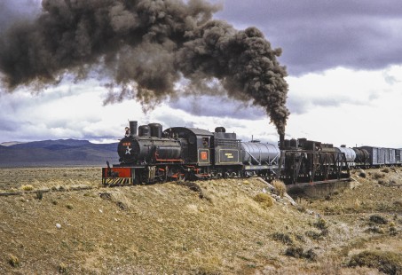 A double headed Viejo Expreso Patagónico (Old Patagonian Express) train led by steam locomotives (visible engine no. 114) cross a bridge in La Cancha, Chubut, Argentina on October 12, 1991. Photograph by Fred M. Springer, © 2014, Center for Railroad Photography and Art,  Springer-PA-BR-SOAM-ME-ARG2-20-02