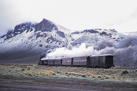 Viejo Expreso Patagónico (Old Patagonian Express) steam locomotive nos. 6 and 115 lead passenger cars near Ñorquinco, Río Negro, Argentina, on October 14, 1991. Photograph by Fred M. Springer. © 2014, Center for Railroad Photography and Art Springer-PA-BR-SOAM-ME-ARG2-22-03