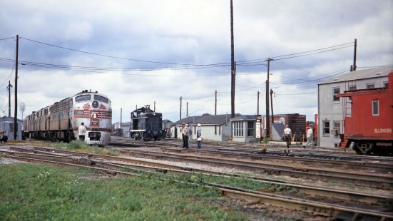 Chicago Burlington and Quincy Railroad eastbound passenger train no. 32-26 detouring on the Illinois Central Railroad on Saturday, August 26, 1967. The train is at the IC's Wallace Yard in Freeport, Illinois. Photograph by Thomas F. McIlwraith, McIlwraith-01-013-04,  © 2018, Center for Railroad Photography & Art, <a href="http://www.railphoto-art.org" rel="noreferrer nofollow">www.railphoto-art.org</a>