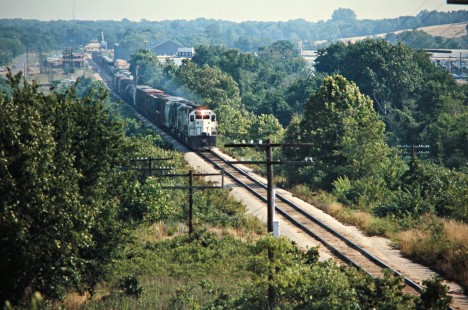 Southbound Kansas City Southern Railway freight train in Stilwell, Oklahoma, on July 17, 1977. Photograph by John F. Bjorklund, © 2016, Center for Railroad Photography and Art. Bjorklund-61-06-04