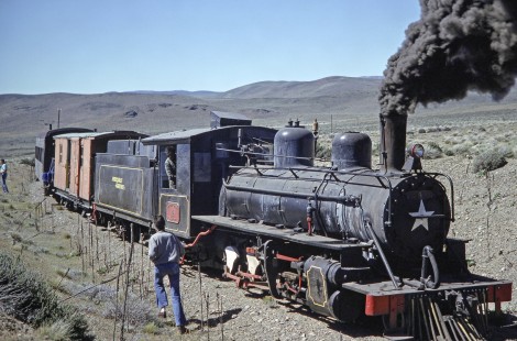 Viejo Expreso Patagónico (Old Patagonian Express) steam locomotive no. 4 with a passenger train at kilometer post 300 in El Maitén, Chubut, Argentina, on October 15, 1990. Photograph by Fred M. Springer, © 2014, Center for Railroad Photography and Art, Springer-SOAM1-15-11
