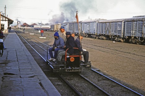 A track crew heading out to work in Ingeniero Jacobacci, Río Negro, Argentina, on October 15, 1991. Photograph by Fred M. Springer.© 2014, Center for Railroad Photography and Art, Springer-PA-BR-SOAM-ME-ARG2-23-17