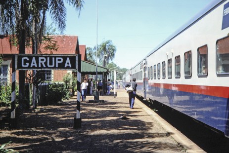 Ferrocarril Noreste Argentino (Argentine North Eastern Railway) passenger train at Garupa, Argentina, on October 22, 1990.  Photograph by Fred M. Springer, © 2014, Center for Railroad Photography and Art, Springer-SOAM1-22-19