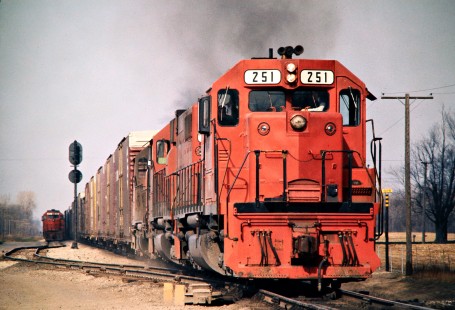 Southbound Detroit, Toledo and Ironton Railroad freight train at Ann Tower in Dundee, Michigan, on April 8, 1973. Photograph by John F. Bjorklund, © 2016, Center for Railroad Photography and Art. Bjorklund-50-06-14
