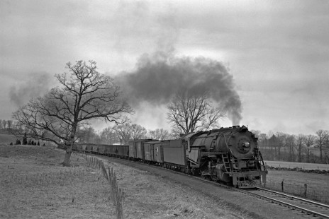 Lehigh and Hudson River Railway 2-8-0 steam locomotive no. 90 pulling a freight train west through New Milford, New York, on March 24, 1946. Photograph by Donald W. Furler, Furler-01-062-02, © 2017, Center for Railroad Photography and Art