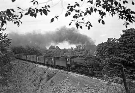 Lehigh and Hudson River Railway 2-8-2 steam locomotive no. 80 pulling a freight train west at Craigville, New York, in 1945. Photograph by Donald W. Furler, Furler-01-036-02, © 2017, Center for Railroad Photography and Art