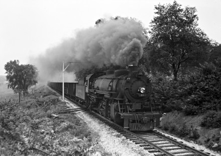 Lehigh and Hudson River Railway 2-8-2 steam locomotive no. 81 pulling a freight train west through Hamptonburgh, New York, on July 26, 1942. Photograph by Donald W. Furler, Furler-01-044-01, © 2017, Center for Railroad Photography and Art