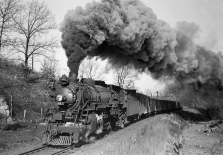 Lehigh and Hudson River Railway 2-8-2 steam locomotive no. 81 with a Maybrook-Port Morris local freight train at Andover, New Jersey, on November 22, 1941. Photograph by Donald W. Furler,  Furler-01-045-01, © 2017, Center for Railroad Photography and Art