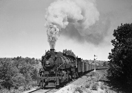 Lehigh and Hudson River Railway  2-8-2 steam locomotive no. 82 steaming west with a freight train west of Maybrook Yard en route to Port Morris on June 11, 1941. Photograph by Donald W. Furler, Furler-01-049-01.JPG; © 2017, Center for Railroad Photography and Art