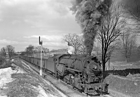 Lehigh and Hudson River Railway 2-8-0 steam locomotive no. 91 pulls a freight train west past semaphore signals at Hamptonburgh, New York, on March 3, 1946. Photograph by Donald W. Furler, Furler-01-075-02, © 2017, Center for Railroad Photography and Art