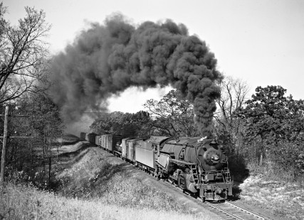 Leigh and Hudson River Railway steam locomotive no. 92 with a fifteen-car freight train west over the Lackawanna's Sussex Branch at Netcong, New Jersey, on October 20, 1947. Photograph by Donald W. Furler, Furler-01-084-02, © 2017, Center for Railroad Photography and Art