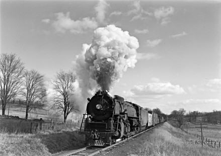 Lehigh and Hudson River Railway 4-8-2 locomotive leads a freight train in Hamptonburgh, New York, on January 9, 1949. Ridge Road is visible in background. Photograph by Donald W. Furler, Furler-22-007-01, © 2017, Center for Railroad Photography and Art