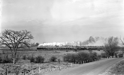 Lehigh and Hudson River Railroad freight train near Hamptonburgh, New York, on January 16, 1949. Image taken from County Road 51 near Bowman Drive. Photograph by Donald W. Furler, Furler-22-023-02, © 2017, Center for Railroad Photography and Art