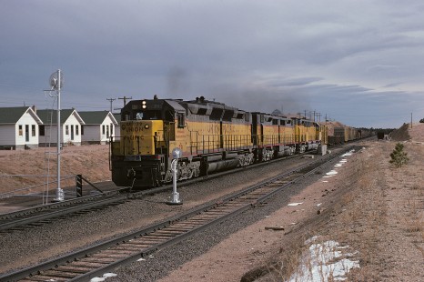 Union Pacific Railroad locomotive no. 79 leads westbound freight at Harriman, Wyoming, in February, 1975. Photograph by William Botkin, BOTKINW-19-WT-143 © 1975, William Botkin.