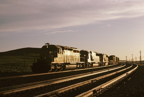Union Pacific Railroad locomotive no. 3233 hauls eastbound freight at 7:50 pm at Borie, Wyoming, on June 7, 1986. Photograph by William Botkin, BOTKINW-19-WT-429 © 1986, William Botkin.
