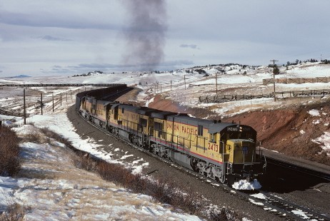 Union Pacific Railroad locomotive no. 2473 hauls eastbound freight at Sherman, Wyoming, at 11:35 am on November 30, 1984. Photograph by William Botkin, BOTKINW-19-WT-341 © 1984, William Botkin.