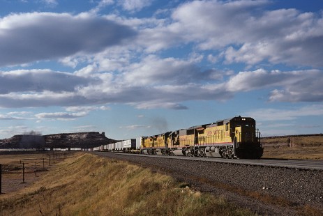 Union Pacific Railroad locomotive no. 9184 hauls eastbound freight at Colores, Wyoming, on October 1, 1988. Photograph by William Botkin, BOTKINW-19-WT-484 © 1988, William Botkin.
