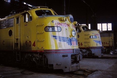 Union Pacific Railroad E-unit locomotive nos. 904, 956, and an unidentified number in the UP roundhouse at Cheyenne, Wyoming, on March 26, 1971. Photograph by William Botkin, BOTKINW-19-WT-30 © 1971, William Botkin.