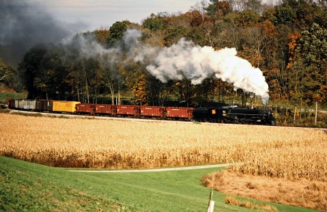 Southbound Ohio Central Railroad freight train with former Grand Trunk Western steam locomotive no. 6325 at Baltic, Ohio, on October 18, 2003. Photograph by John F. Bjorklund, © 2016, Center for Railroad Photography and Art. Bjorklund-78-13-07