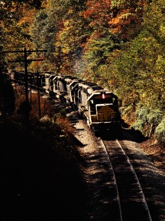 Northbound Clinchfield Railroad freight train near Dungannon, Virginia, on October 14, 1980. Photograph by John F. Bjorklund, © 2015, Center for Railroad Photography and Art. Bjorklund-41-16-07