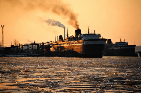 Chesapeake and Ohio Railway <i>SS Badger</i> ferry in Ludington, Michigan, on February 27, 1982. Photograph by John F. Bjorklund, © 2015, Center for Railroad Photography and Art. Bjorklund-35-09-20
