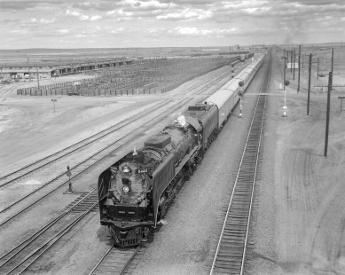 Union Pacific Railroad steam locomotive no. 8444 leads eastbound excursion train at Laramie, Wyoming, on May 12, 1968. Photograph by Victor Hand. Hand-UP-64-095.JPG