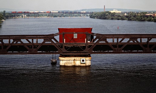 Westbound Canadian Pacific Railway freight train crossing the Trent River in Trenton, Ontario, on July 5, 1985. Photograph by John F. Bjorklund, © 2015, Center for Railroad Photography and Art. Bjorklund-38-19-04