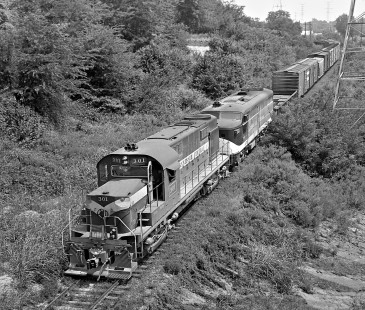 Alco locomotives of two eras lead Tennessee Central Railway transfer cut toward Louisville and Nashville Railroad yard in Nashville, Tennessee, in June 1965. Photograph by J. Parker Lamb, © 2016, Center for Railroad Photography and Art. Lamb-02-023-09