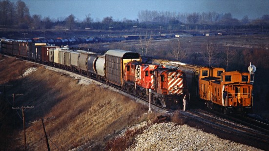 Eastbound Canadian Pacific Railway freight train no. 918 meets westbound CP freight train at Woodstock, Ontario, on November 24, 1984. Photograph by John F. Bjorklund, © 2015, Center for Railroad Photography and Art. Bjorklund-38-16-23