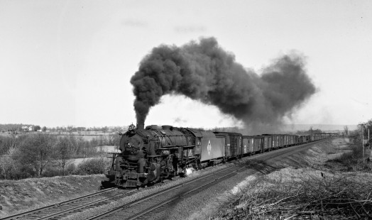Erie Railroad 2-8-4 steam locomotive no. 3315 pulling westbound freight train no. 89 with 110 cars at Stony Ford, New York, on April 28, 1946. Photograph by Donald W. Furler, © 2017, Center for Railroad Photography and Art, Furler-11-001-02
