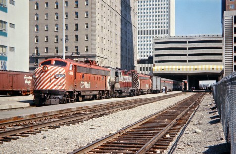 Canadian Pacific Railway passenger train no. 1, the <i>Canadian</i>, led by locomotive no. 1412 in Calgary, Alberta, on August 20, 1971. Photograph by John F. Bjorklund, © 2015, Center for Railroad Photography and Art. Bjorklund-36-06-07