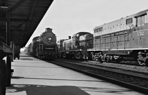 Birmingham-bound Central of Georgia Railway local no. 3 pulls into Opelika, Alabama, behind 4-8-2, passing diesels on freight no. 38 in July 1952. Photograph by J. Parker Lamb, © 2016, Center for Railroad Photography and Art. Lamb-02-008-01