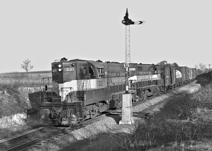 West Point Route Geeps roll westward from Auburn, Alabama, near sunset with a Montgomery freight in March 1955. Photograph by J. Parker Lamb, © 2016, Center for Railroad Photography and Art. Lamb-02-021-10