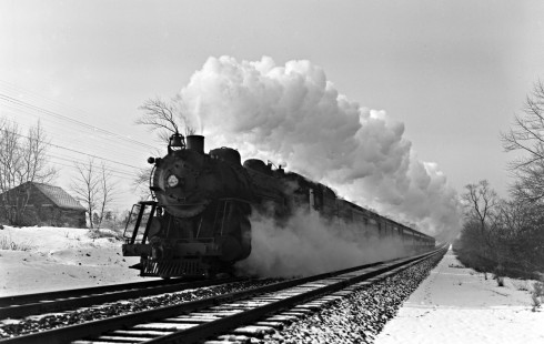 Erie Railroad 4-6-2 steam locomotive no. 2746 pulling westbound passenger train no. 1, the "Erie Limited," south of Ferndale Avenue on the Main Line between Glen Rock and Hawthorne, New Jersey on March 14, 1943. Photograph by Donald W. Furler, © 2017, Center for Railroad Photography and Art, Furler-09-029-02