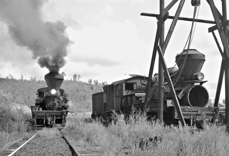 Shay no. 5 cut passes Twin Seams Mining Company's shop area of Kellerman, Alabama, and line's second, but inactive, engine in September 1959. Photograph by J. Parker Lamb, © 2016, Center for Railroad Photography and Art. Lamb-02-036-09