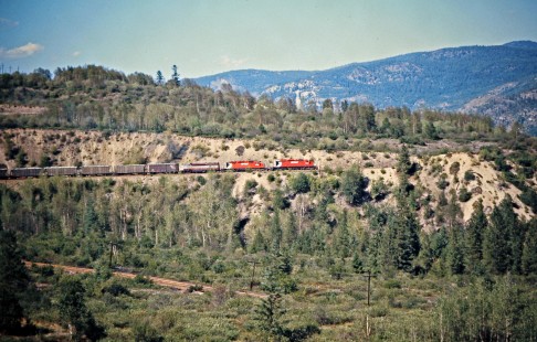 Eastbound Canadian Pacific Railway freight train near Castlegar, British Columbia, on July 14, 1973. Photograph by John F. Bjorklund, © 2015, Center for Railroad Photography and Art. Bjorklund-36-20-14