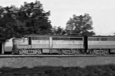 Late afternoon sun highlights northbound Gulf, Mobile and Ohio Railroad train passing through Marion, Mississippi (near Meridian), in July 1958. Photograph by J. Parker Lamb, © 2016, Center for Railroad Photography and Art. Lamb-01-125-12