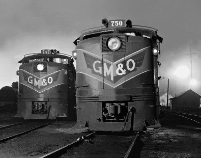 Two Gulf, Mobile and Ohio Railroad Alco FA-FB lashups at Meridian, Mississippi, on a foggy night in August 1958. Yard office visible in right background. Photograph by J. Parker Lamb, © 2016, Center for Railroad Photography and Art. Lamb-01-124-07