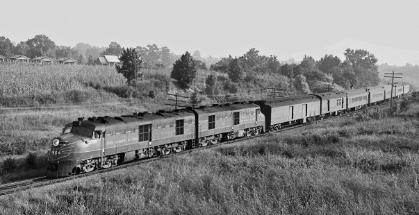 Southbound Gulf, Mobile and Ohio Railroad <i>Gulf Coast Rebel</i> approaches Meridian, Mississippi, in early morning after overnight run from St. Louis, Missouri, in May 1951. Photograph by J. Parker Lamb, © 2016, Center for Railroad Photography and Art. Lamb-01-132-04