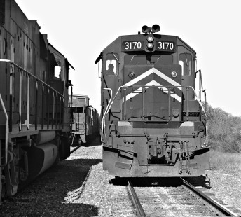 A triple meet on Missouri Pacific Railroad at Snead siding in north Austin, Texas, in April 1979. This is the only time I was able to document this rare event. And it happened less than two miles from my home! Train at left is a short local freight. Photograph by J. Parker Lamb, © 2016, Center for Railroad Photography and Art. Lamb-02-064-09